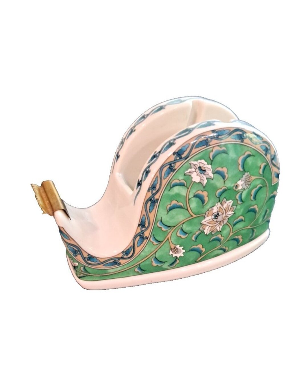 Takahashi Tape Dispenser Vintage Made in Japan Ceramic Green Blue and White